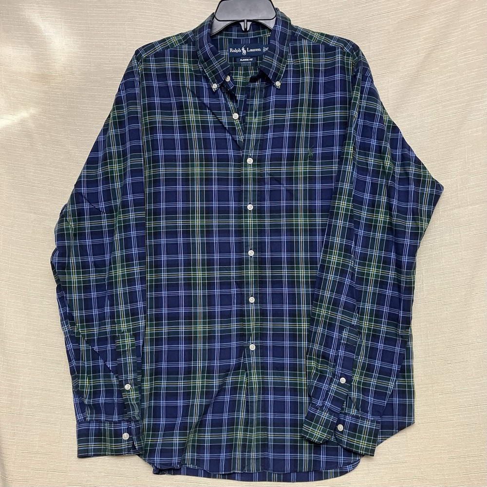 Men's Ralph Lauren Green And Blue Plaid Classic Fit Casual Button Down XL Shirt
